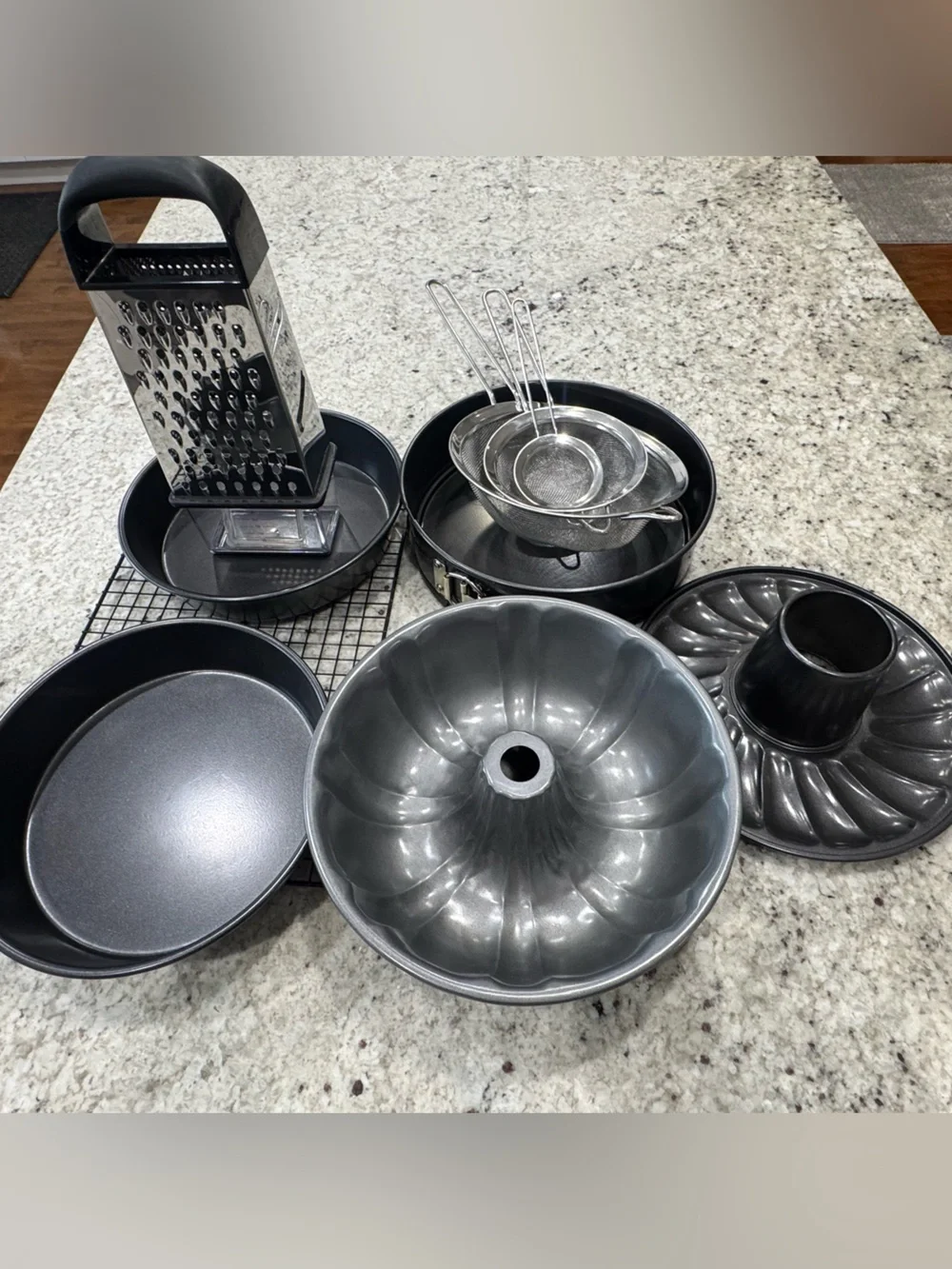 Nonstick baking set, sifters, grater with storage container, cooling rack